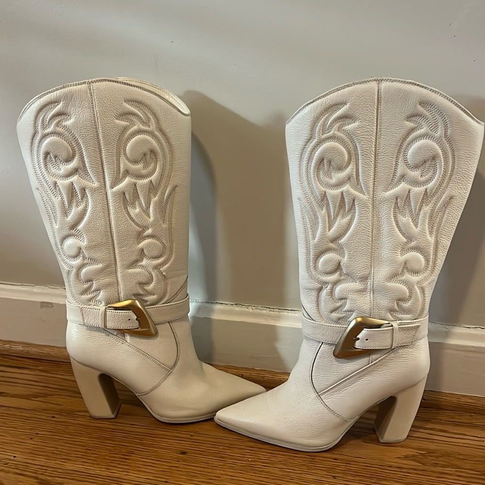 Vince Camuto Cream Leather Cowboy Boots - Picture 1 of 2